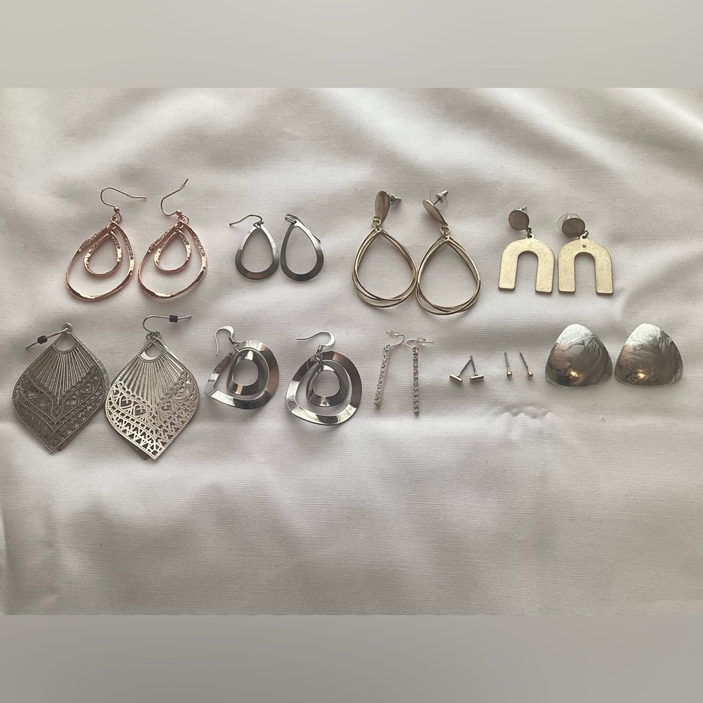 11 Pairs Gold &silver-Tone Post, Hoop and Dangle Earrings